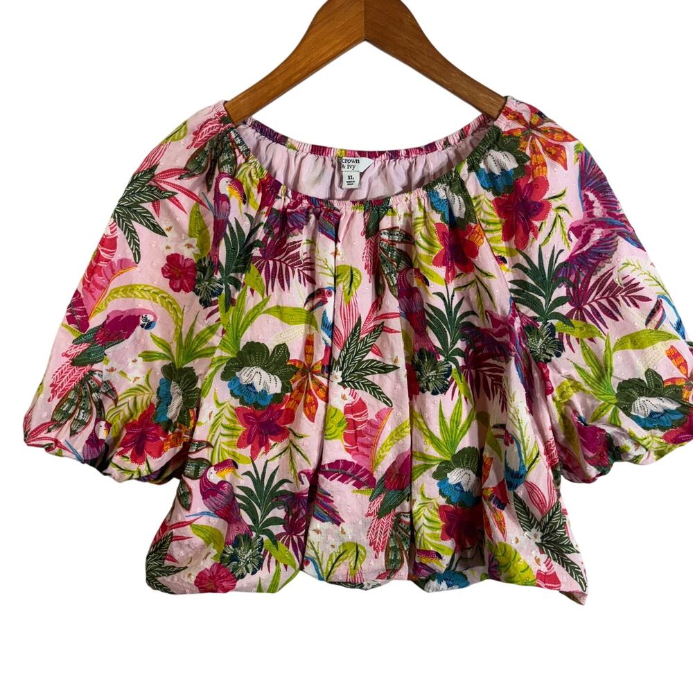 Crown & Ivy Womens Pink Tropical Floral Puff Sleeve Elastic Fashion Crop Top XL